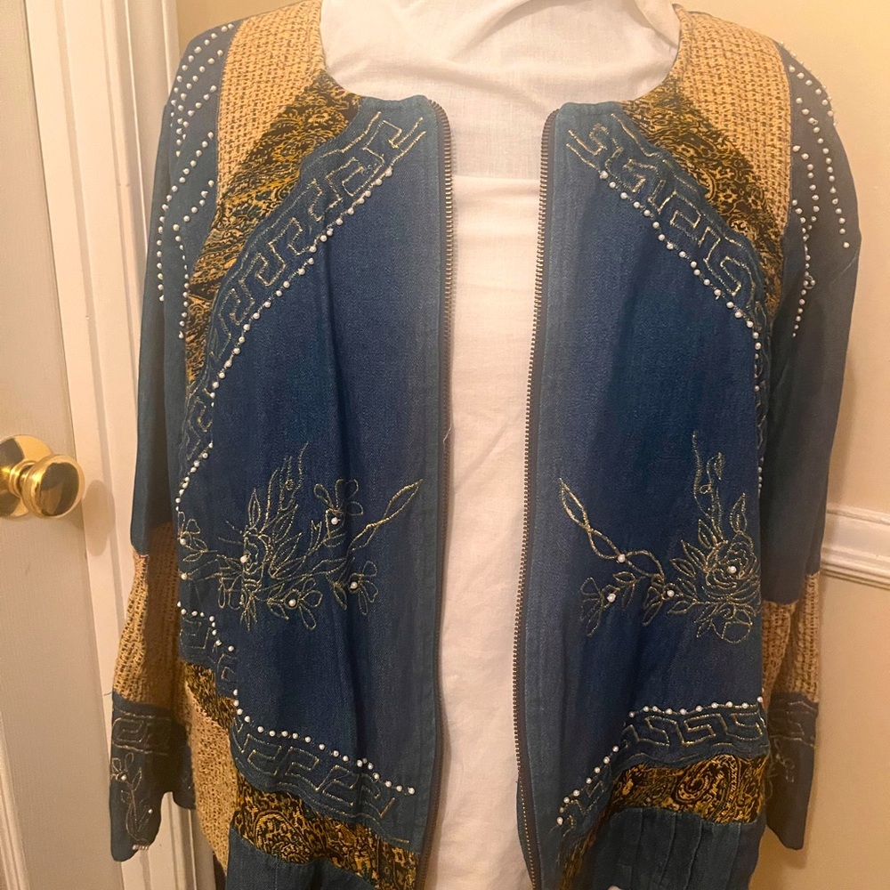 Denim Jacket with zipper - embellished with beads and tapestry